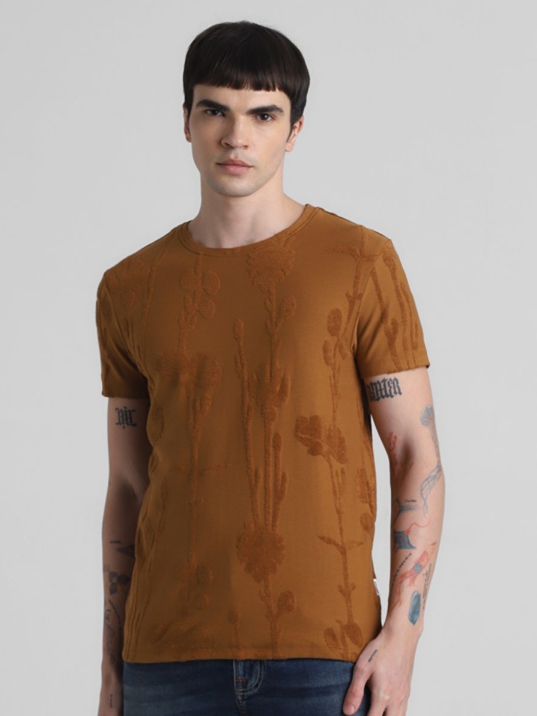 

Jack & Jones Men Self Design Round Neck Cotton T-shirt, Brown