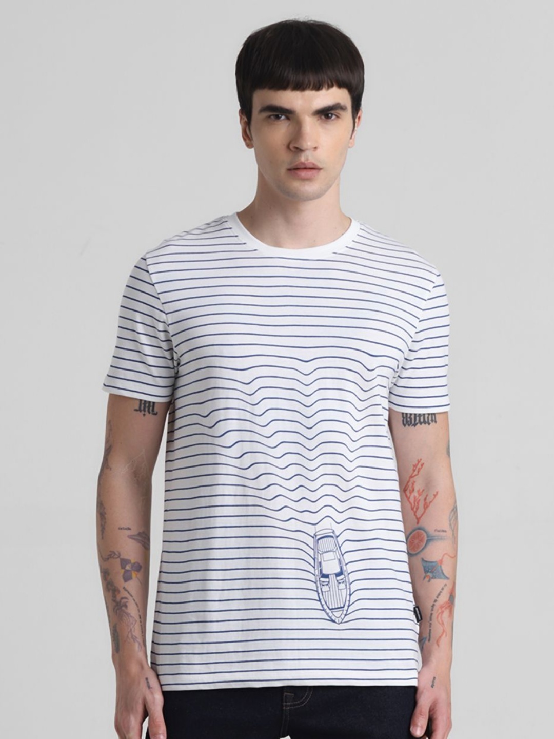 

Jack & Jones Men Striped Round Neck Cotton T-shirt, White