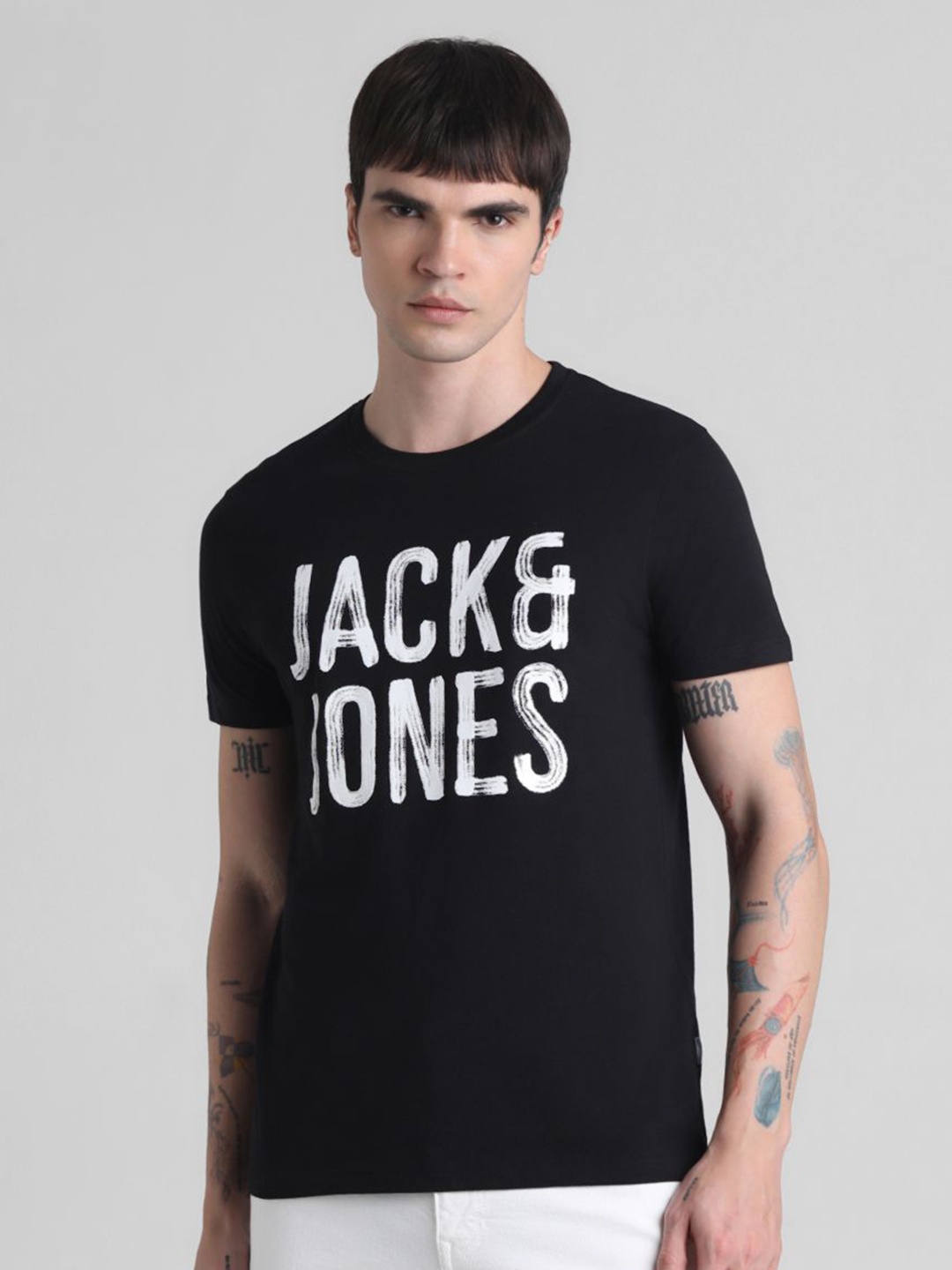 

Jack & Jones Men Typography Printed Round Neck Cotton T-shirt, Black