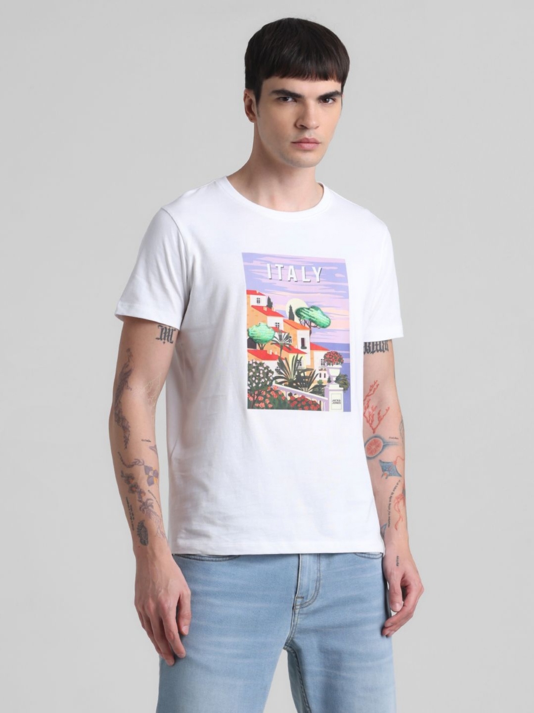 

Jack & Jones Men JJDI SYLAS Graphic Printed Round Neck Cotton T-shirt, White