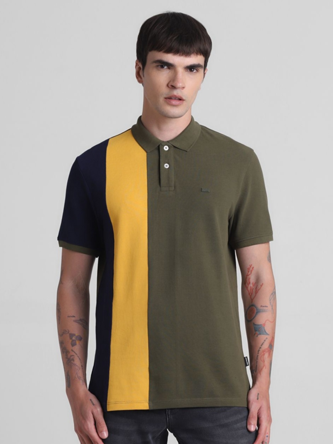 

Jack & Jones Men Colourblocked Polo Collar Cotton T-shirt, Olive