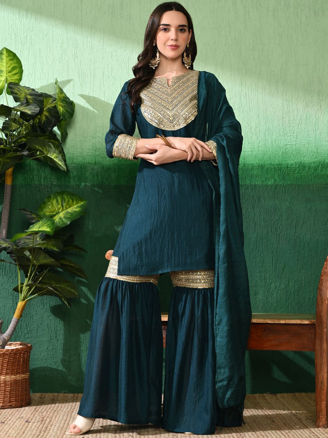 

Sangria Ethnic Motifs Yoke Design Gotta Patti Straight Kurta & Sharara With Dupatta, Teal