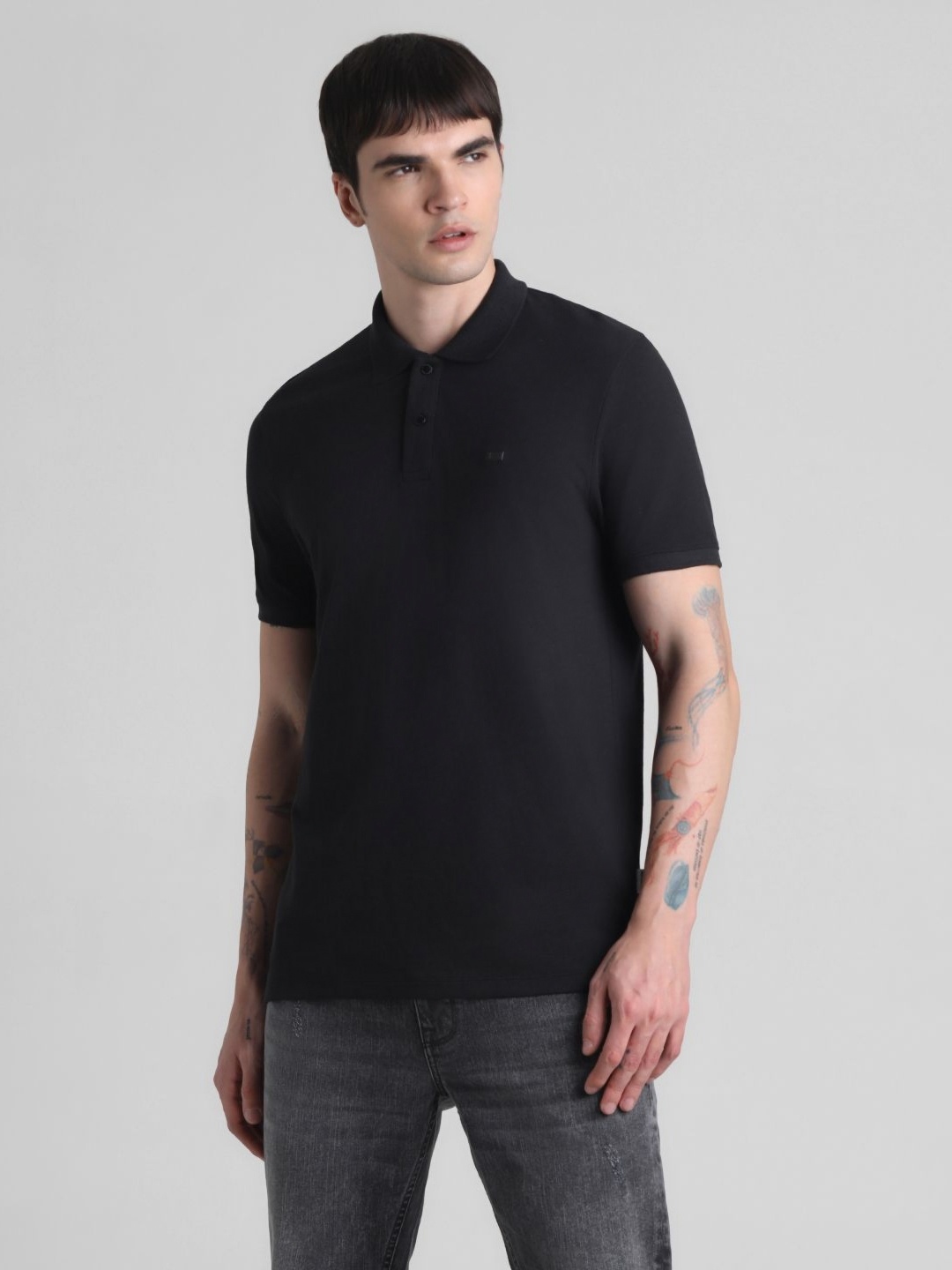 

Jack & Jones Men Solid Polo Collar Cotton T-shirt, Black
