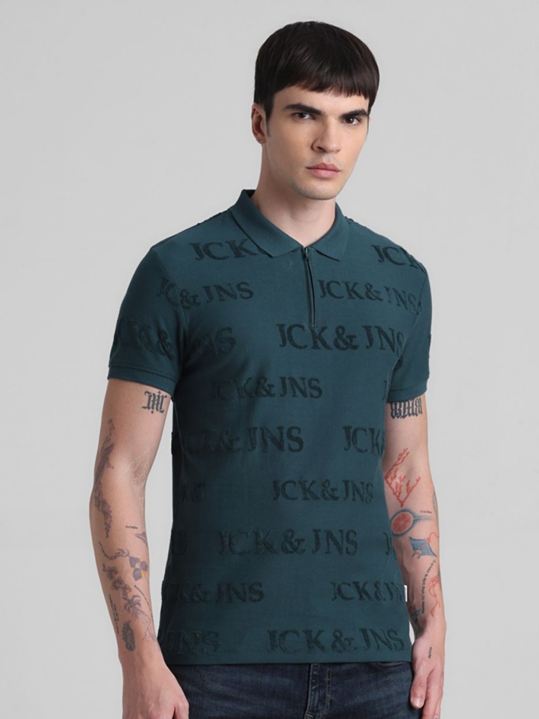 Jack & Jones Men JJDI EMBOSS Typography Printed Polo Collar Cotton T-shirt, Green