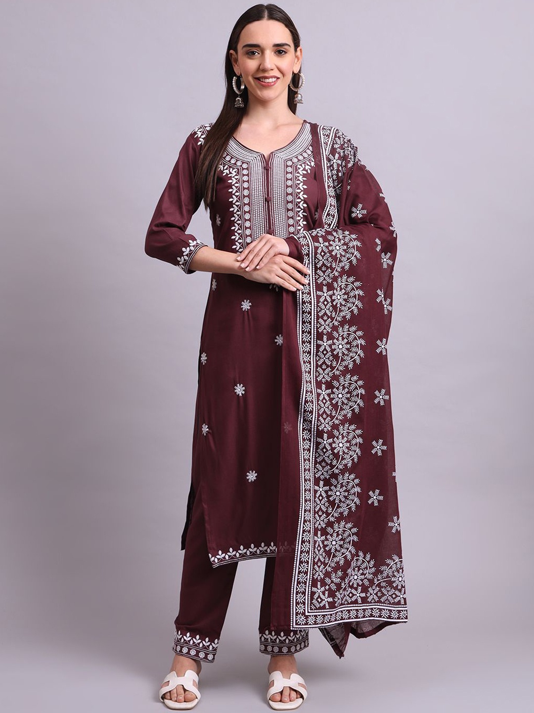 

aayusika Floral Embroidered Pure Cotton Straight Kurta With Trousers & Dupatta, Brown