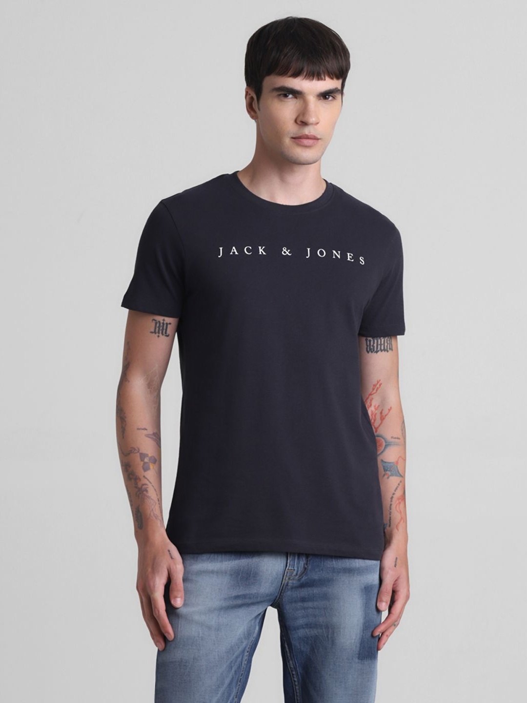 

Jack & Jones Men Typography Printed Round Neck Cotton T-shirt, Black