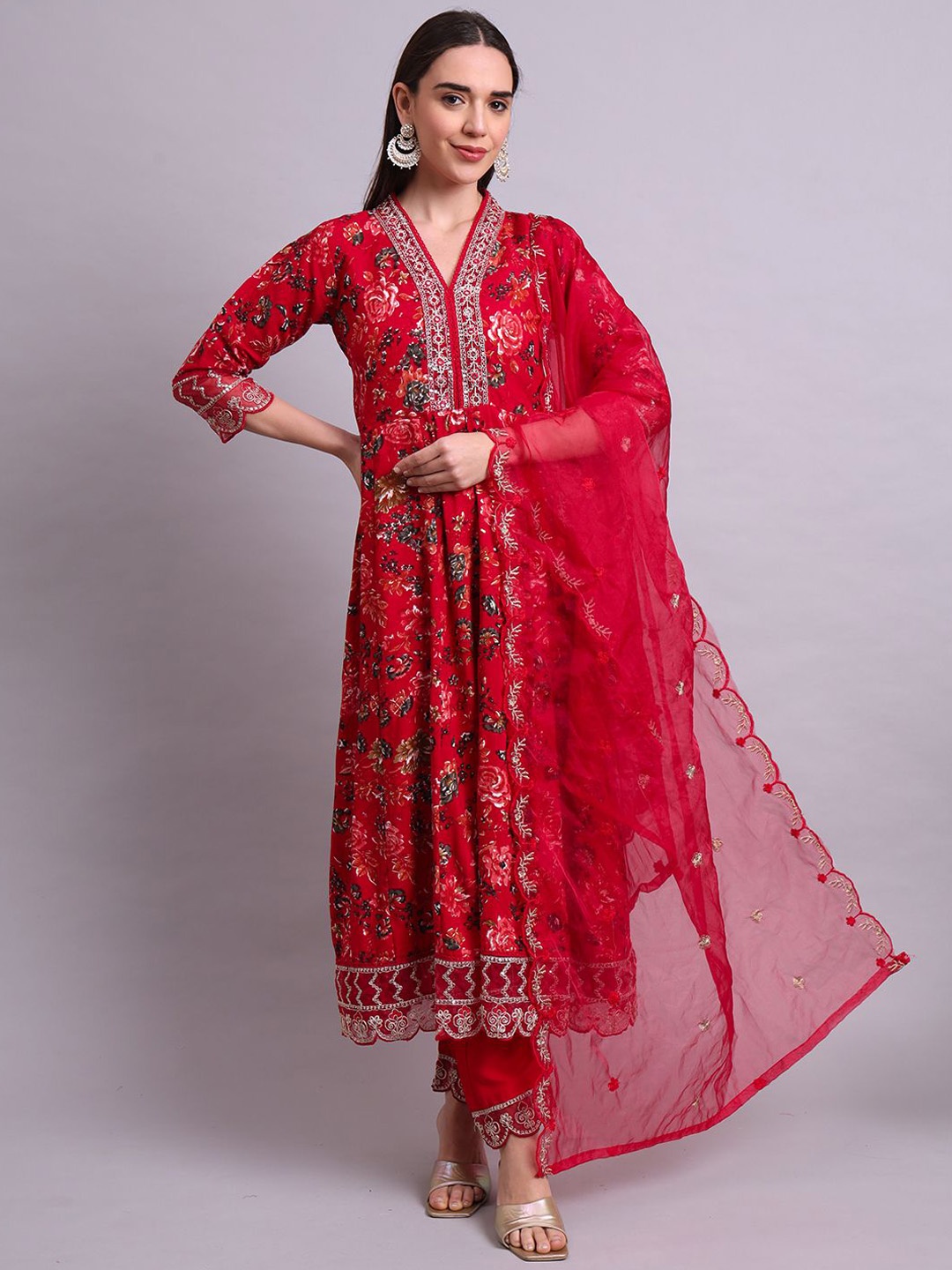 

aayusika Floral Printed V-Neck Pure Cotton Panelled Anarkali Kurta With Trousers & Dupatta, Maroon