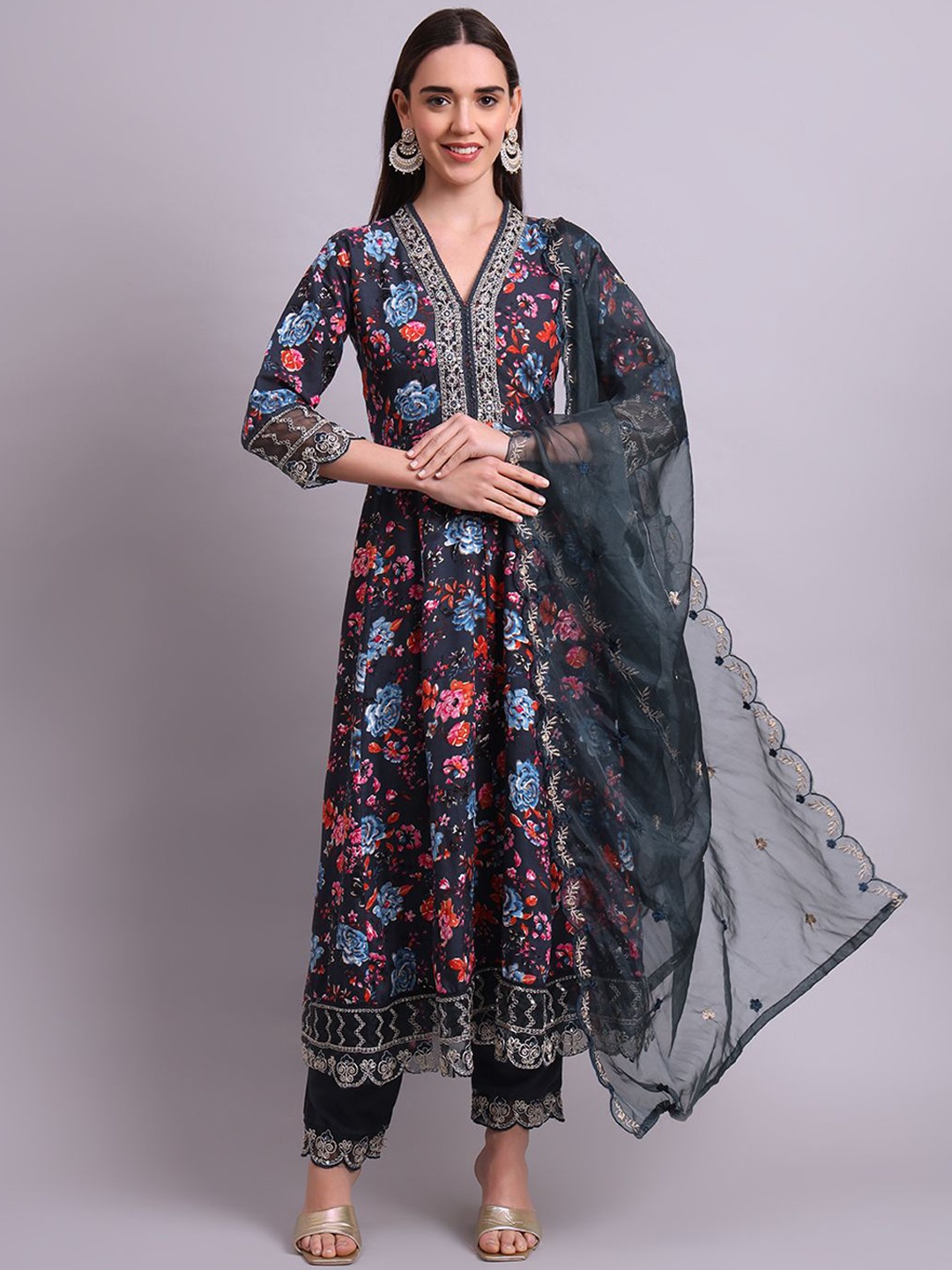 

aayusika Floral Printed Thread Work Pure Cotton Anarkali Kurta With Trousers & Dupatta, Black