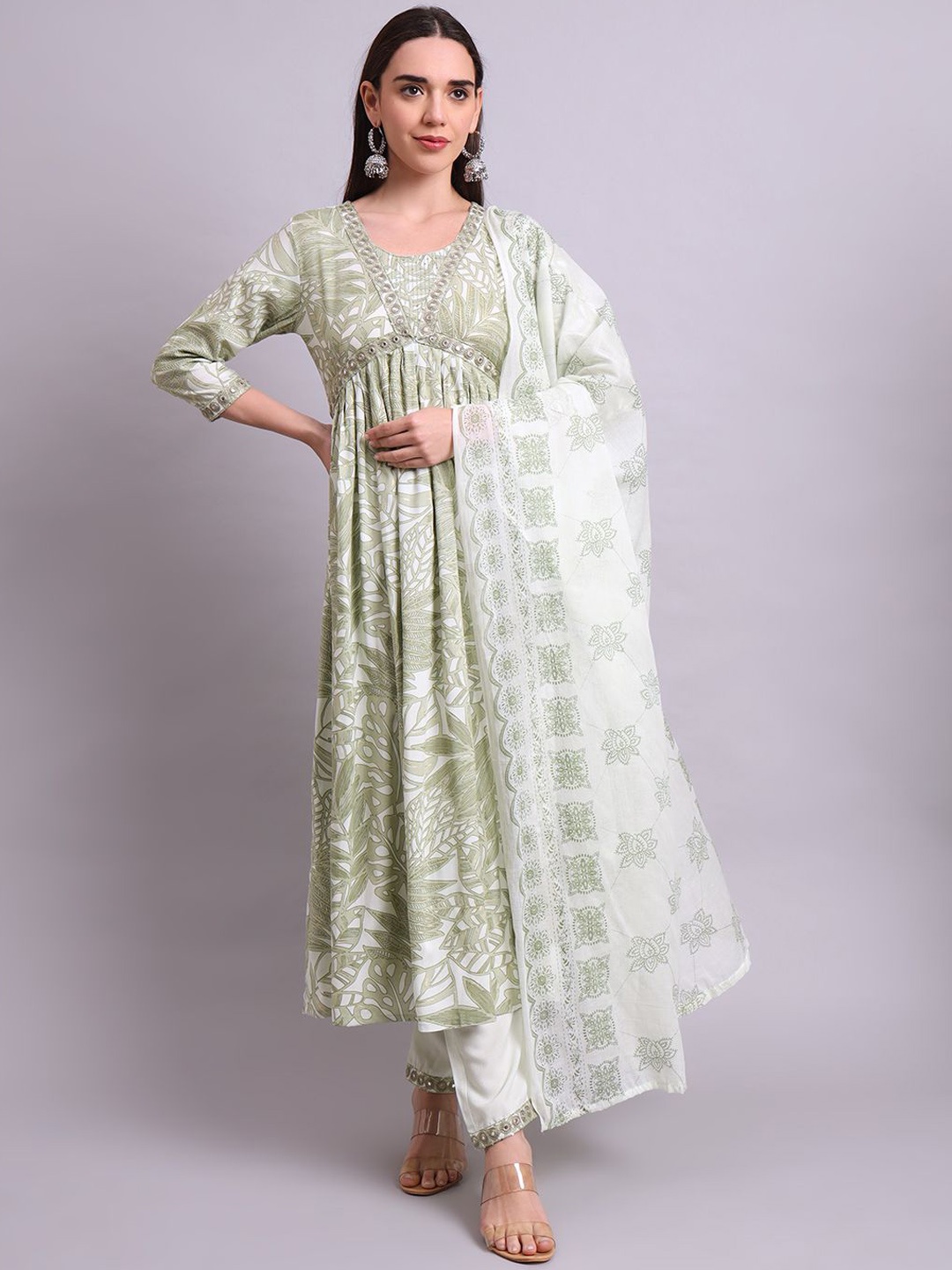 

aayusika Floral Printed Thread Work Pure Cotton Anarkali Kurta With Trousers & Dupatta, Green