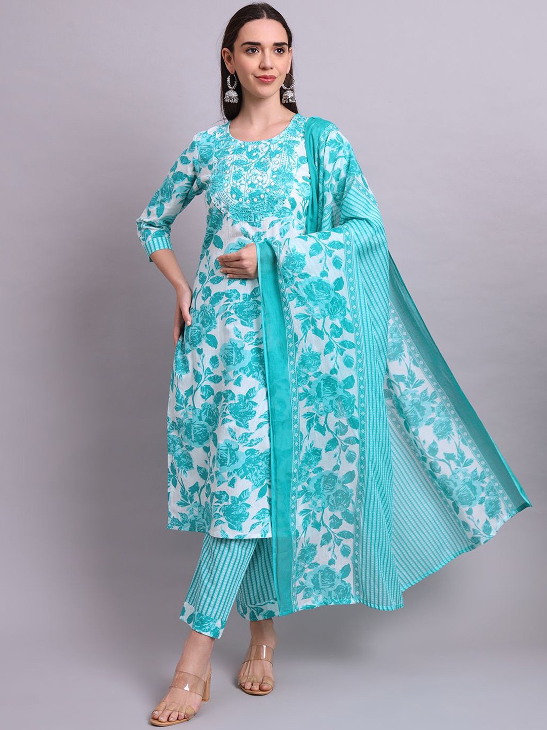 

aayusika Floral Printed Thread Work Pure Cotton Straight Kurta With Trousers & Dupatta, Sea green