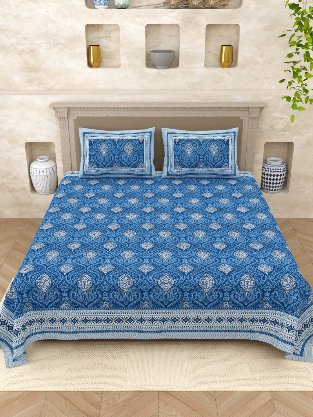 

Varde Royal Blue 160 TC Hand Block Printed Double Bedsheet with 2 Pillow Covers Cotton