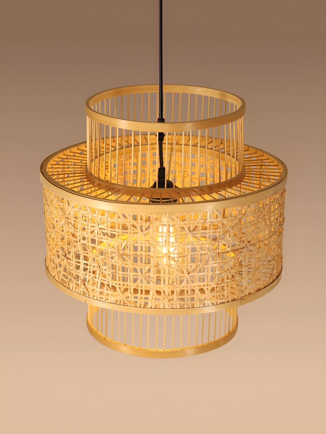 

HABERE INDIA Beige & Black Textured Bamboo Cylinder Shaped Ceiling Lamp