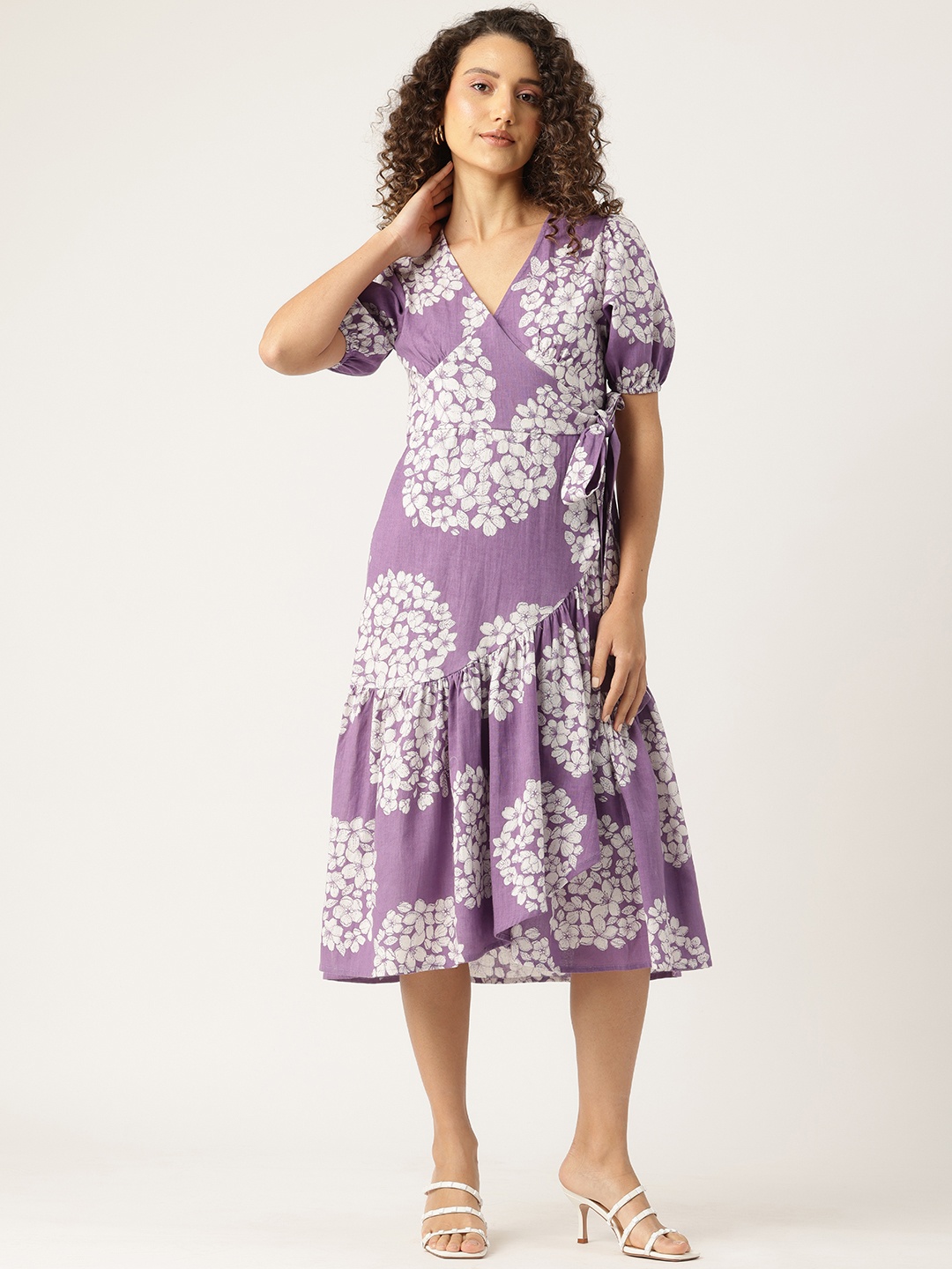 

MISRI Floral Print Puff Sleeve Midi Dress with Tie-Ups, Purple