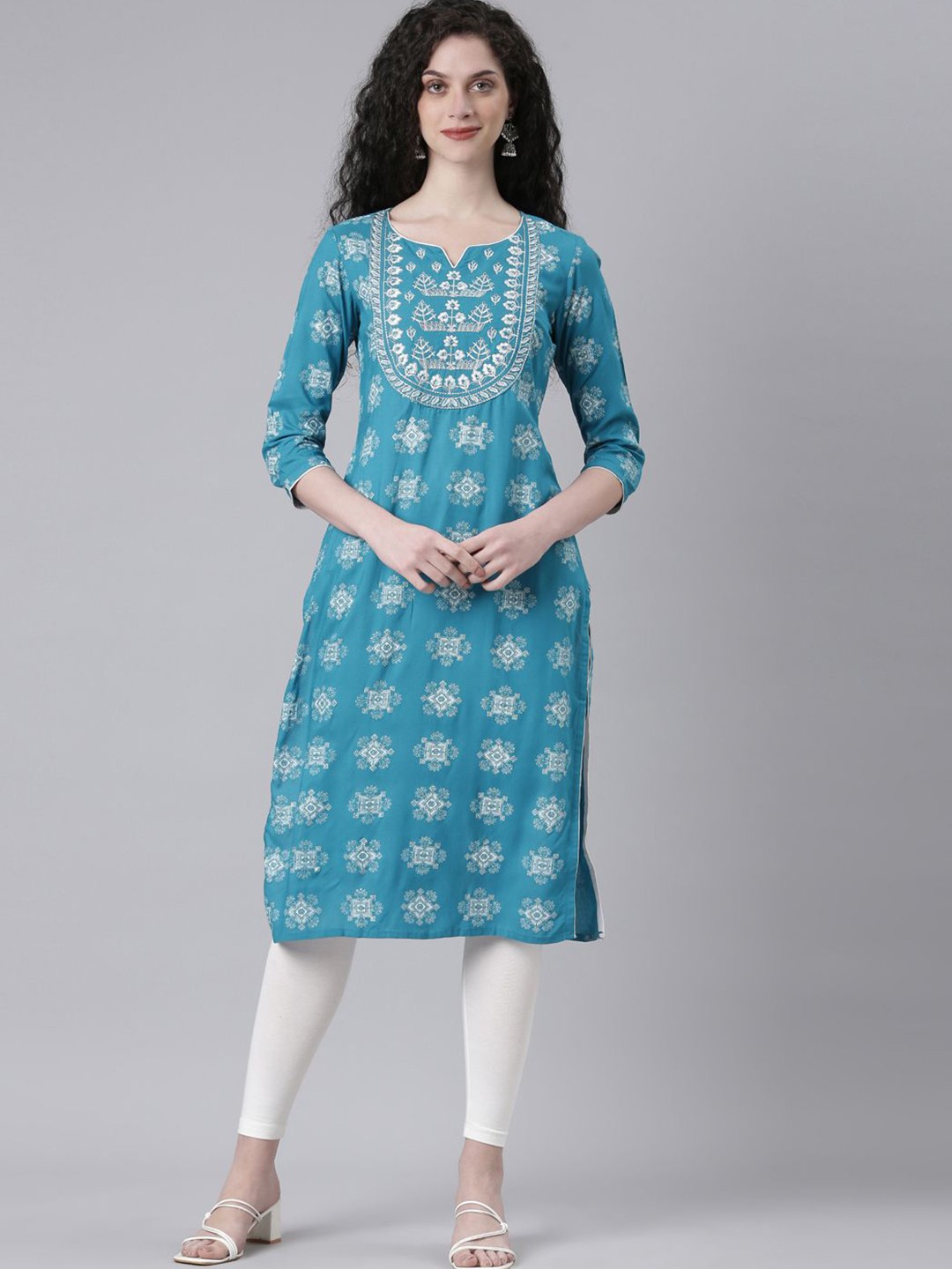 

Souchii Ethnic Motifs Printed Thread Work Foil Print Notch Neck Straight Kurta, Turquoise blue