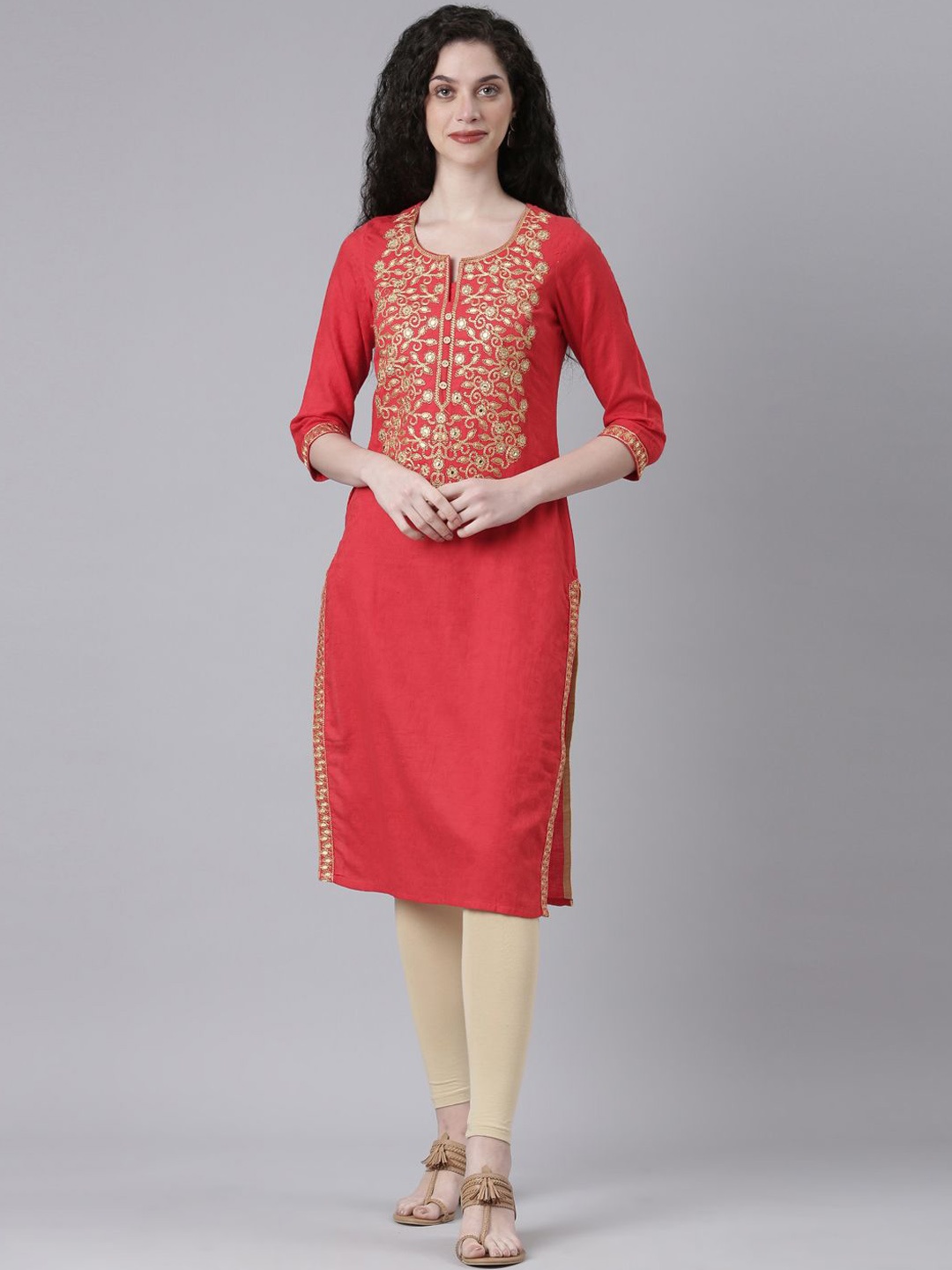 

Souchii Mirror Work Notch Neck Jacquard Cotton Straight Kurta, Red