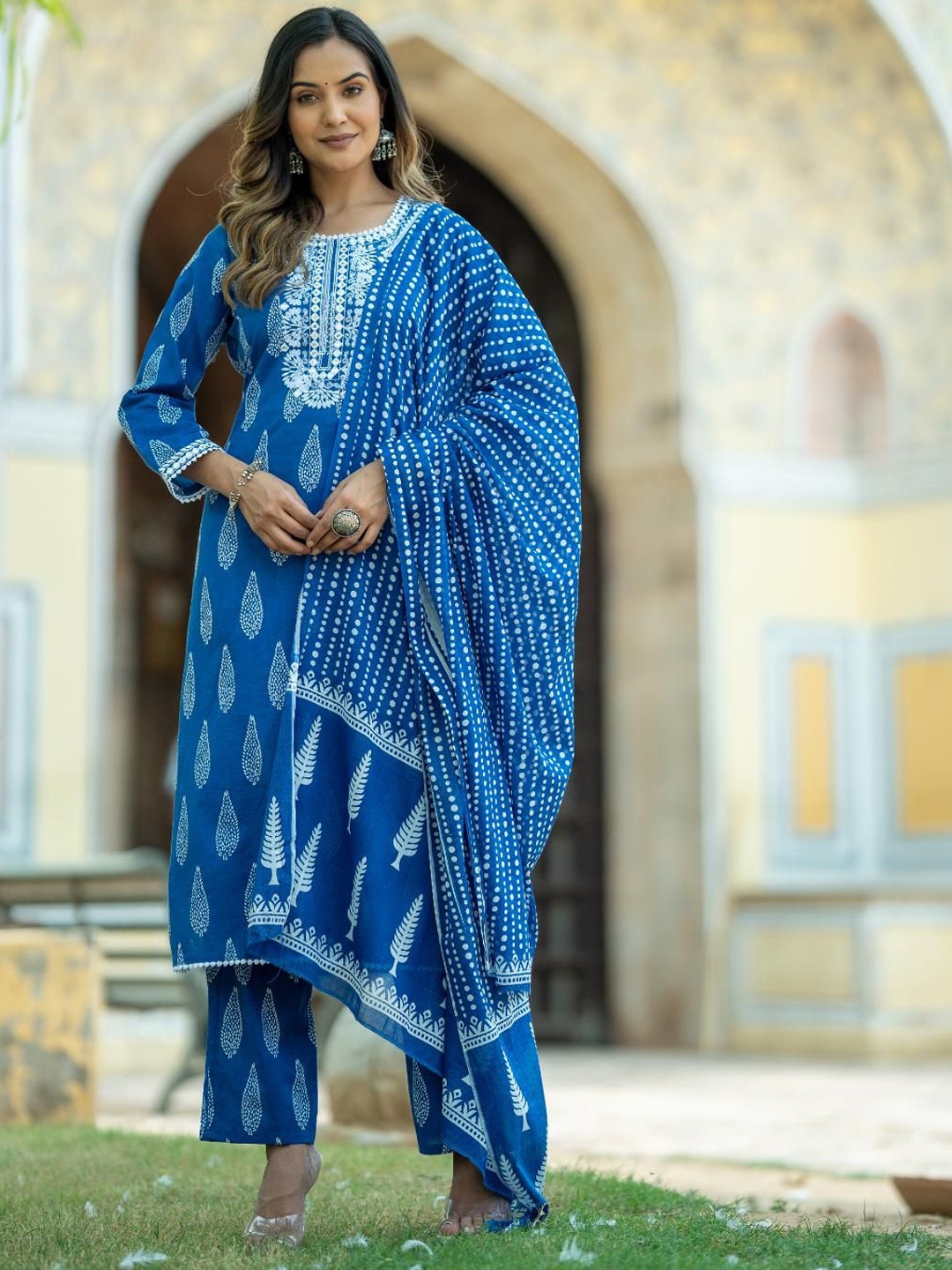 

Moda Rapido Blue Floral Printed Pure Cotton Straight Kurta With Trousers & Dupatta