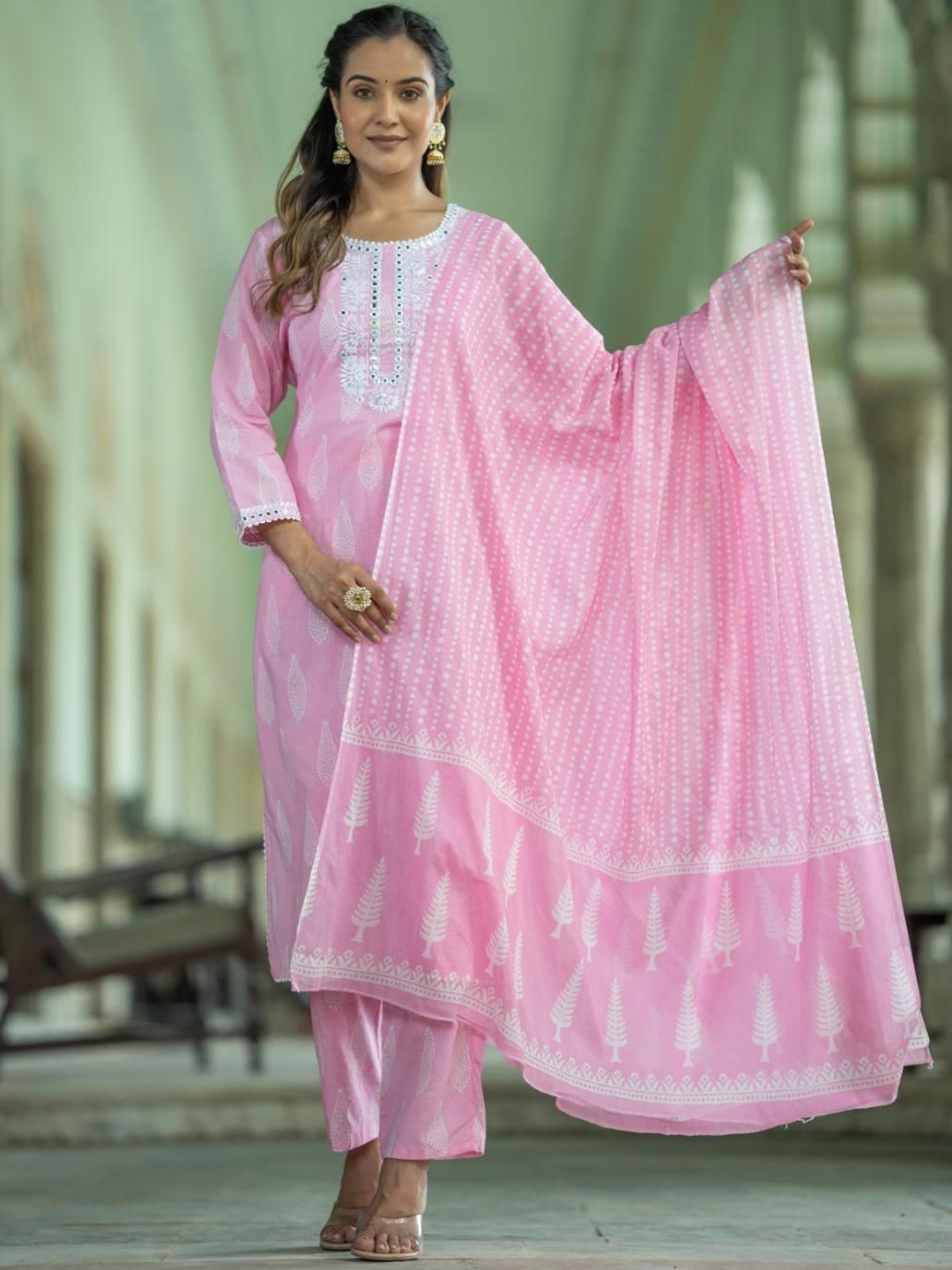 

Moda Rapido Pink Floral Printed Pure Cotton Straight Kurta With Trouser & Dupatta