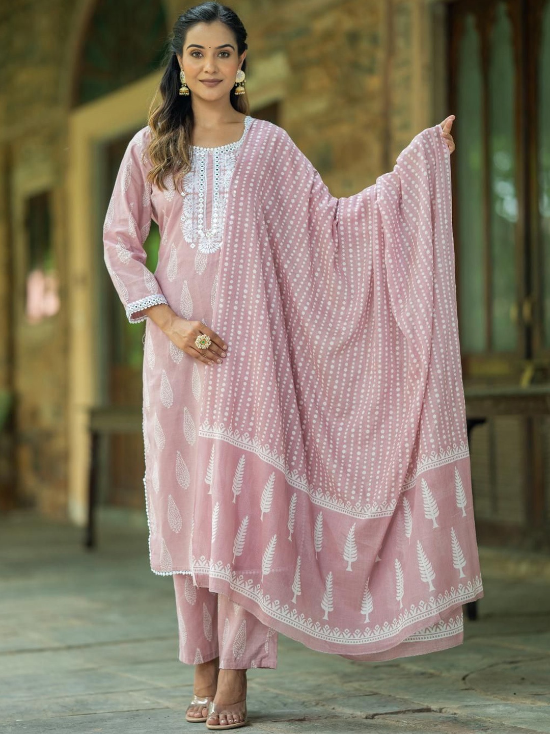 

Moda Rapido Floral Printed Pure Cotton Straight Kurta With Trousers & Dupatta, Pink