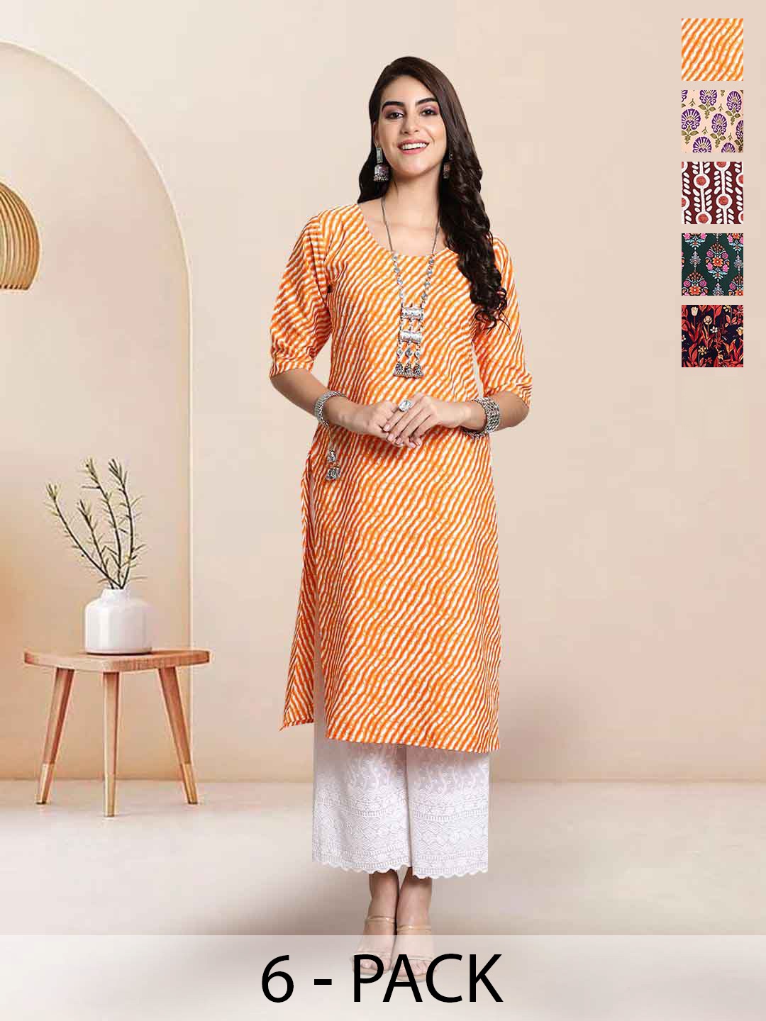 

7Threads Selection Of 6 Leheriya Printed Round Neck Straight Kurta, Orange