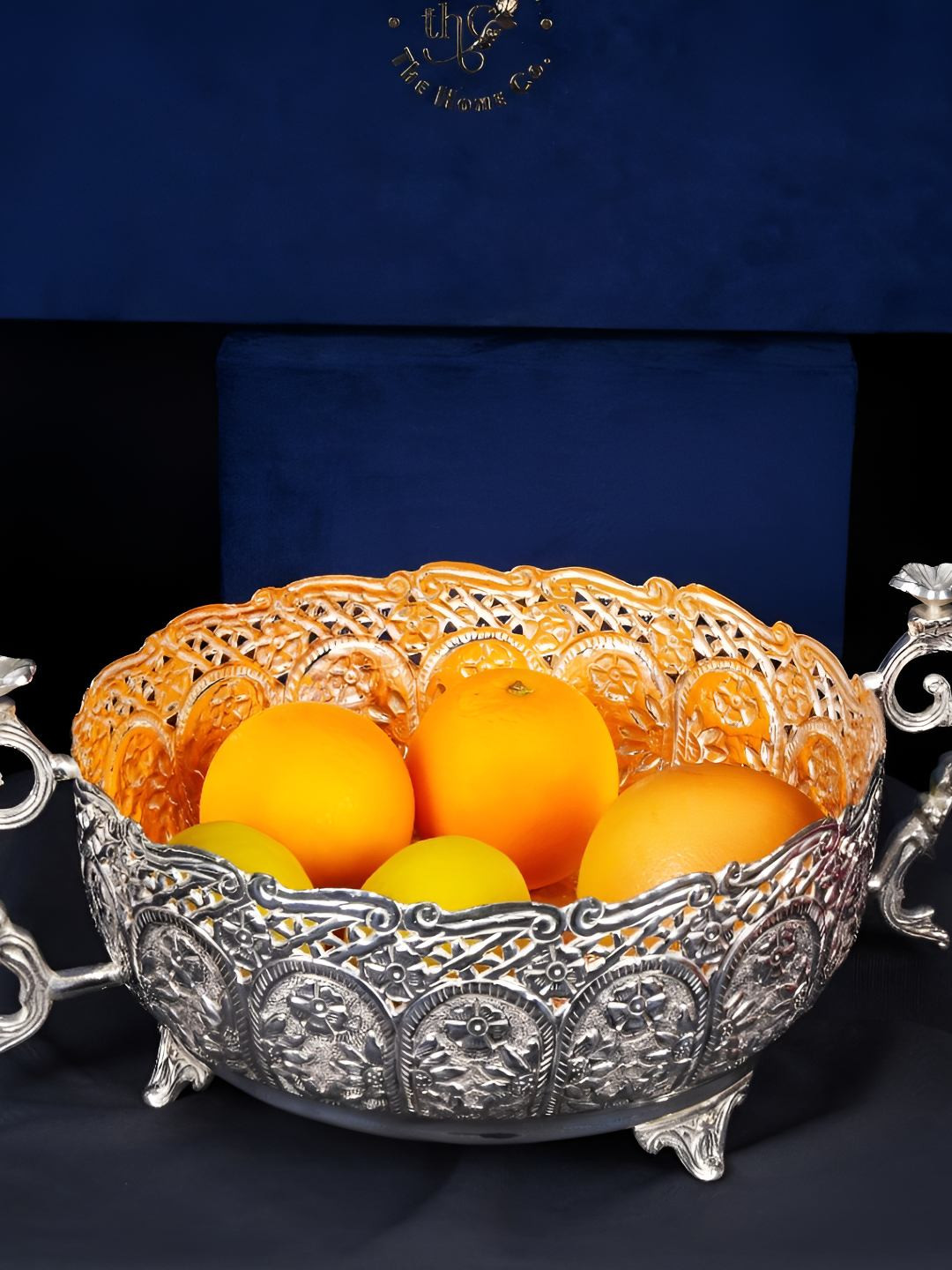 

THE HOME CO. Silver-Toned Ethnic Motifs Brass Vintage Serving Bowl