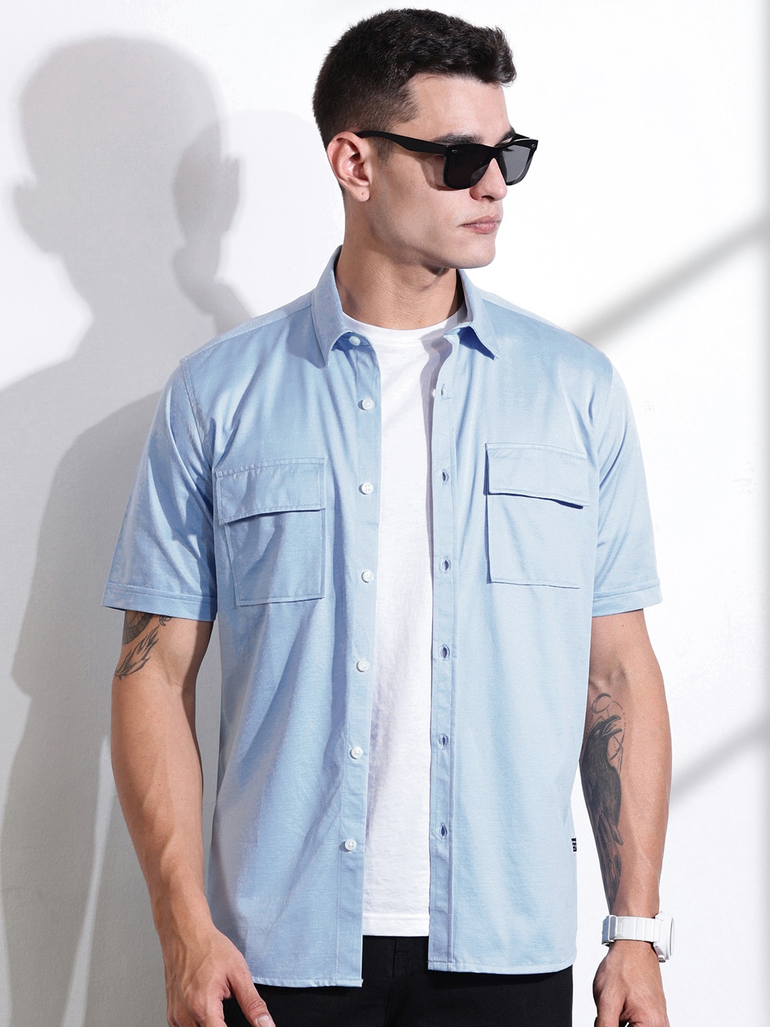 

Thomas Scott Men Classic Slim Fit Spread Collar Solid Cotton Casual Shirt, Blue