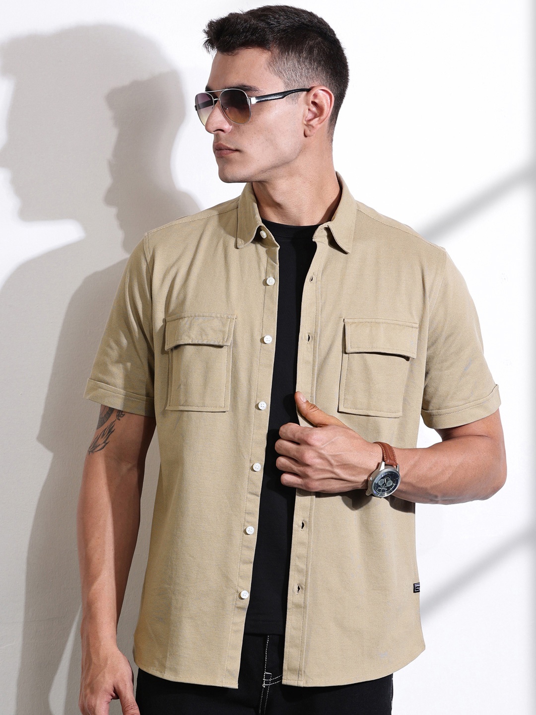 

Thomas Scott Men Classic Fit Spread Collar Solid Cotton Casual Shirt, Beige