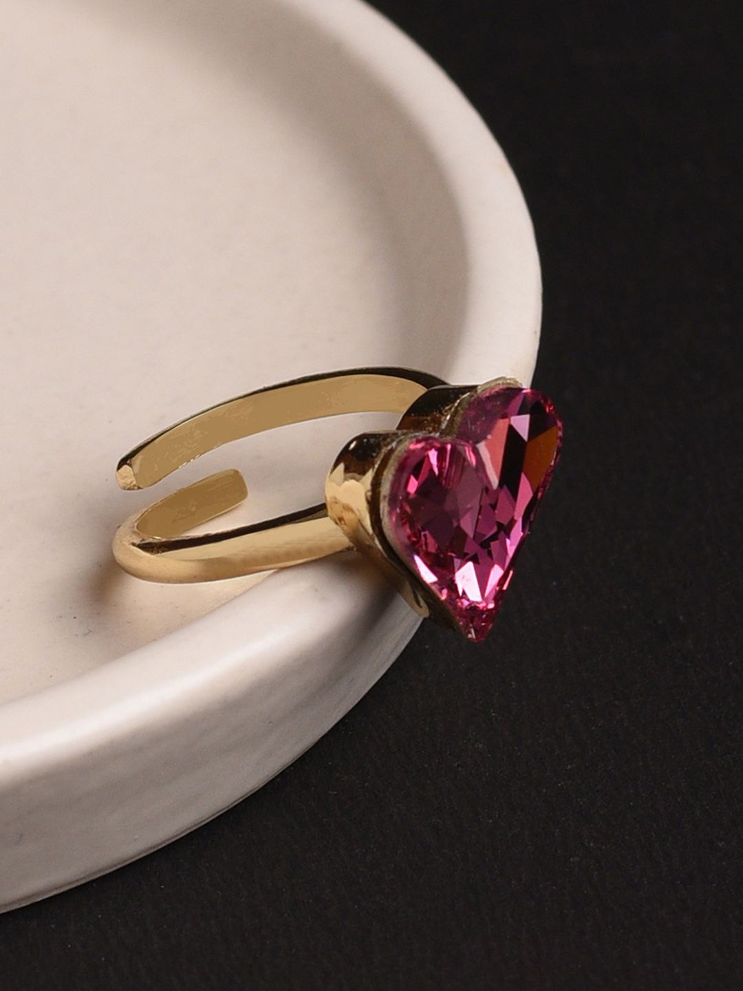 

XPNSV Gold-Plated Crystal-Studded Heart-Cut Anti-Tarnish Adjustable Finger Ring