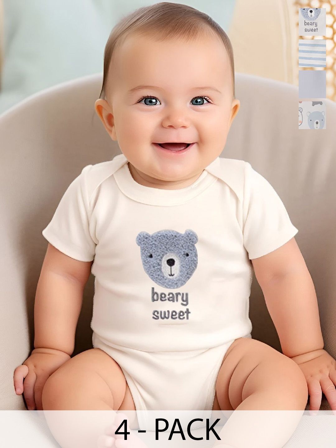 

SYGA Infants Pack Of 4 Printed Cotton Bodysuits, Grey