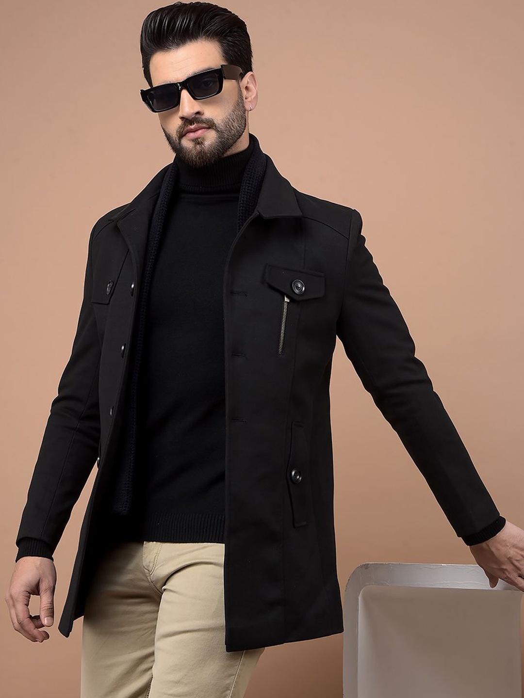 

Crimsoune Club Spread Collar Single-Breasted Overcoat, Black