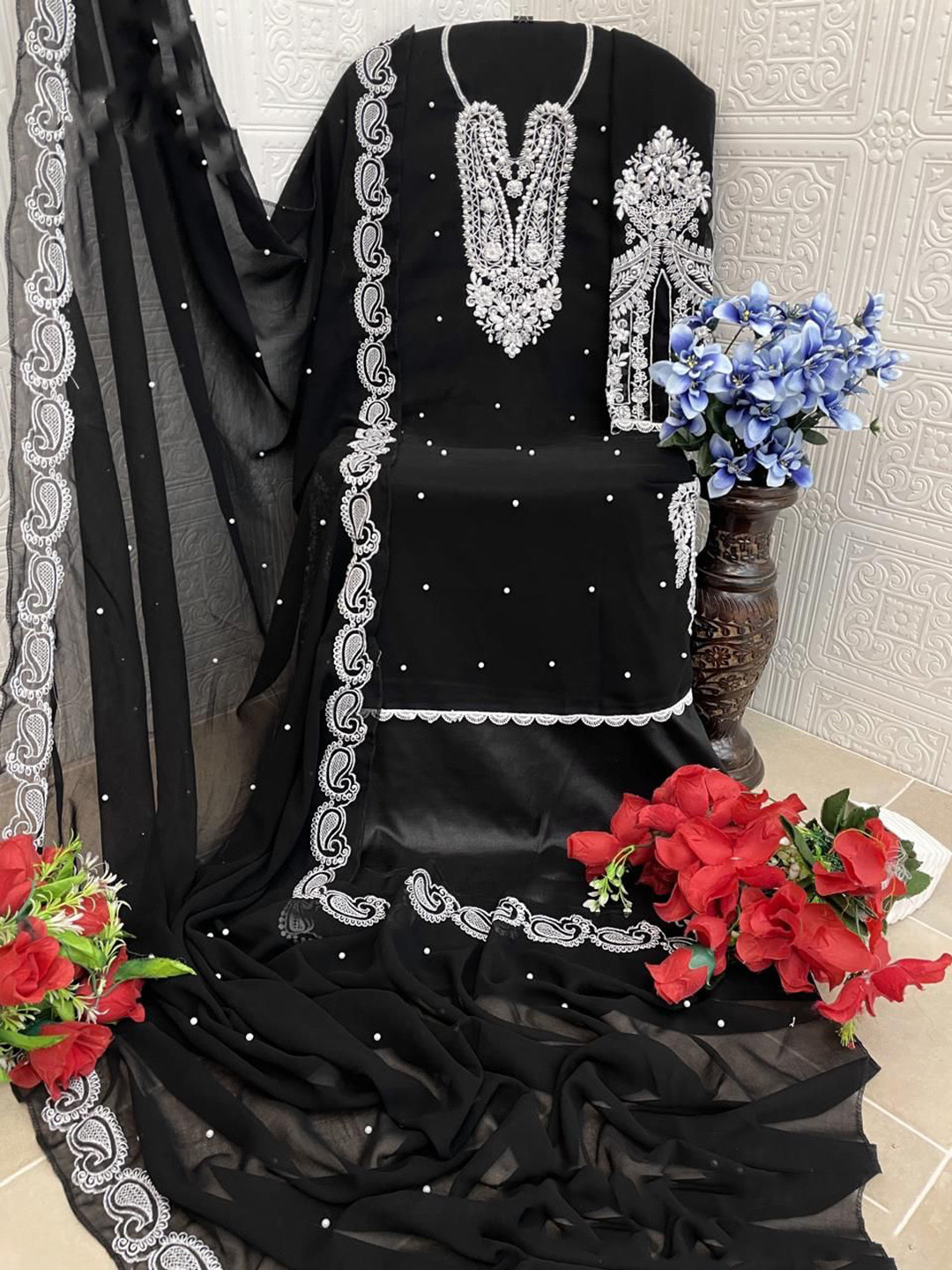 

ANAMSA Embroidered Semi-Stitched Dress Material, Black