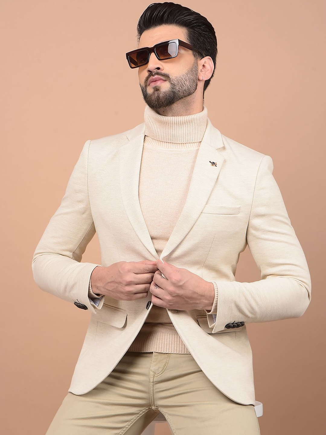 

Crimsoune Club Notched Lapel Single Breasted Regular Fit Blazer, Beige