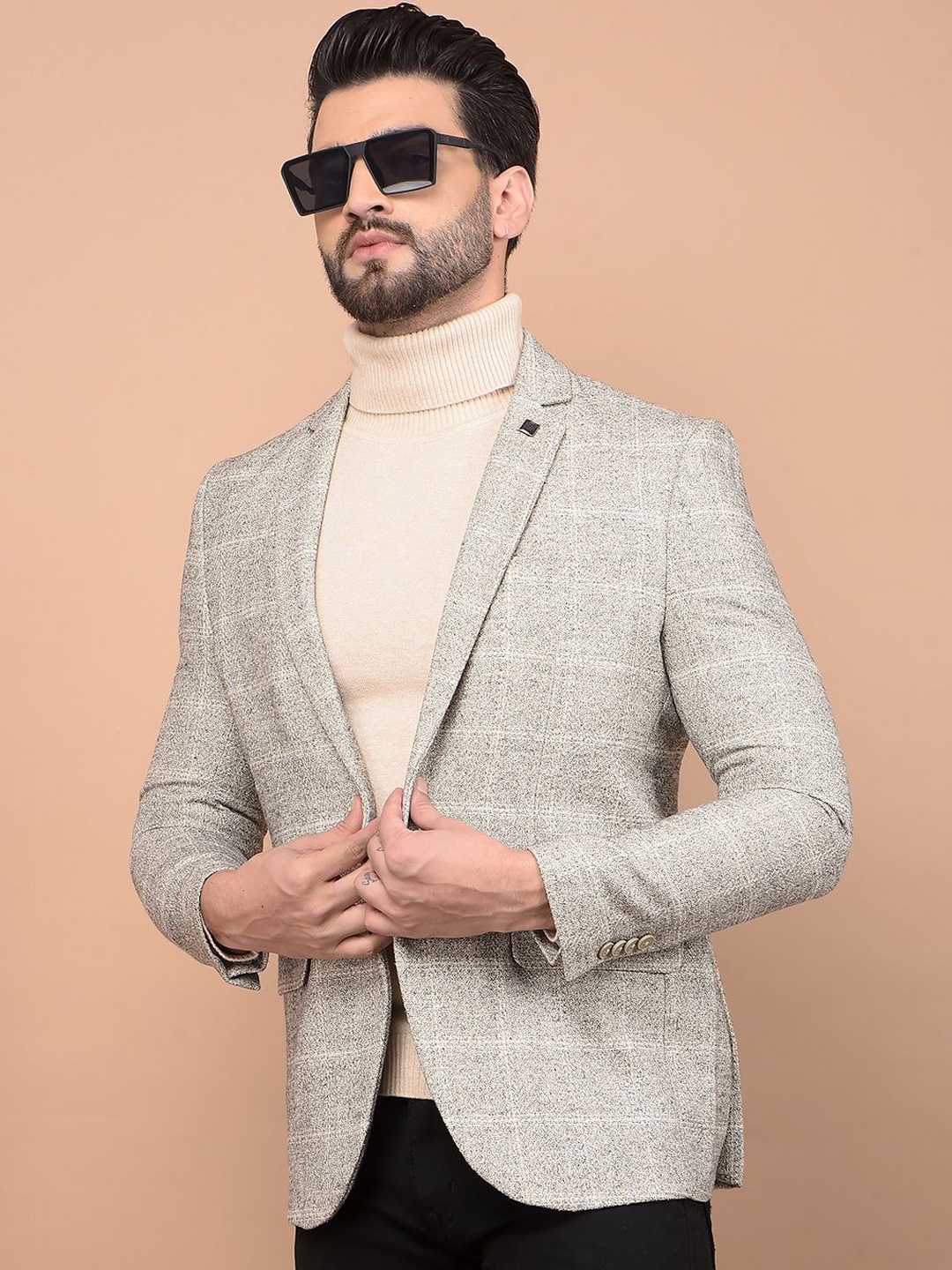 

Crimsoune Club Checked Notched Lapel Single Breasted Regular Fit Blazer, Beige