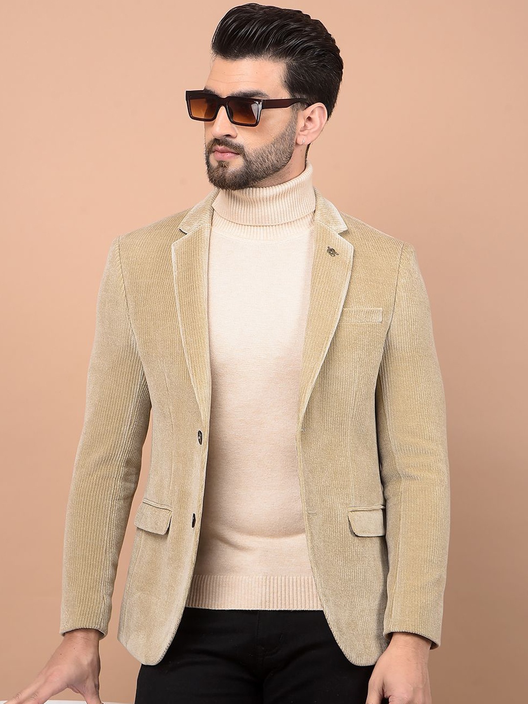 

Crimsoune Club Self Design Notched Lapel Collar Single Breasted Blazer, Beige