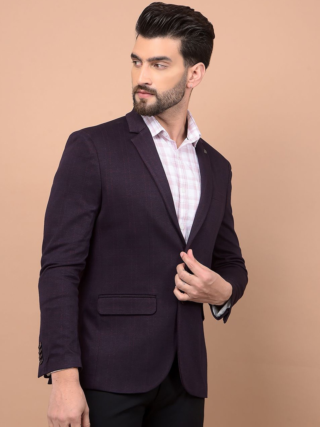 

Crimsoune Club Checked Notched Lapel Collar Single Breasted Regular Fit Blazer, Navy blue