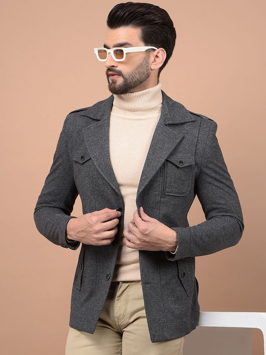 

Crimsoune Club Textured Notched lapel Single Breasted Regular Fit Blazer, Grey