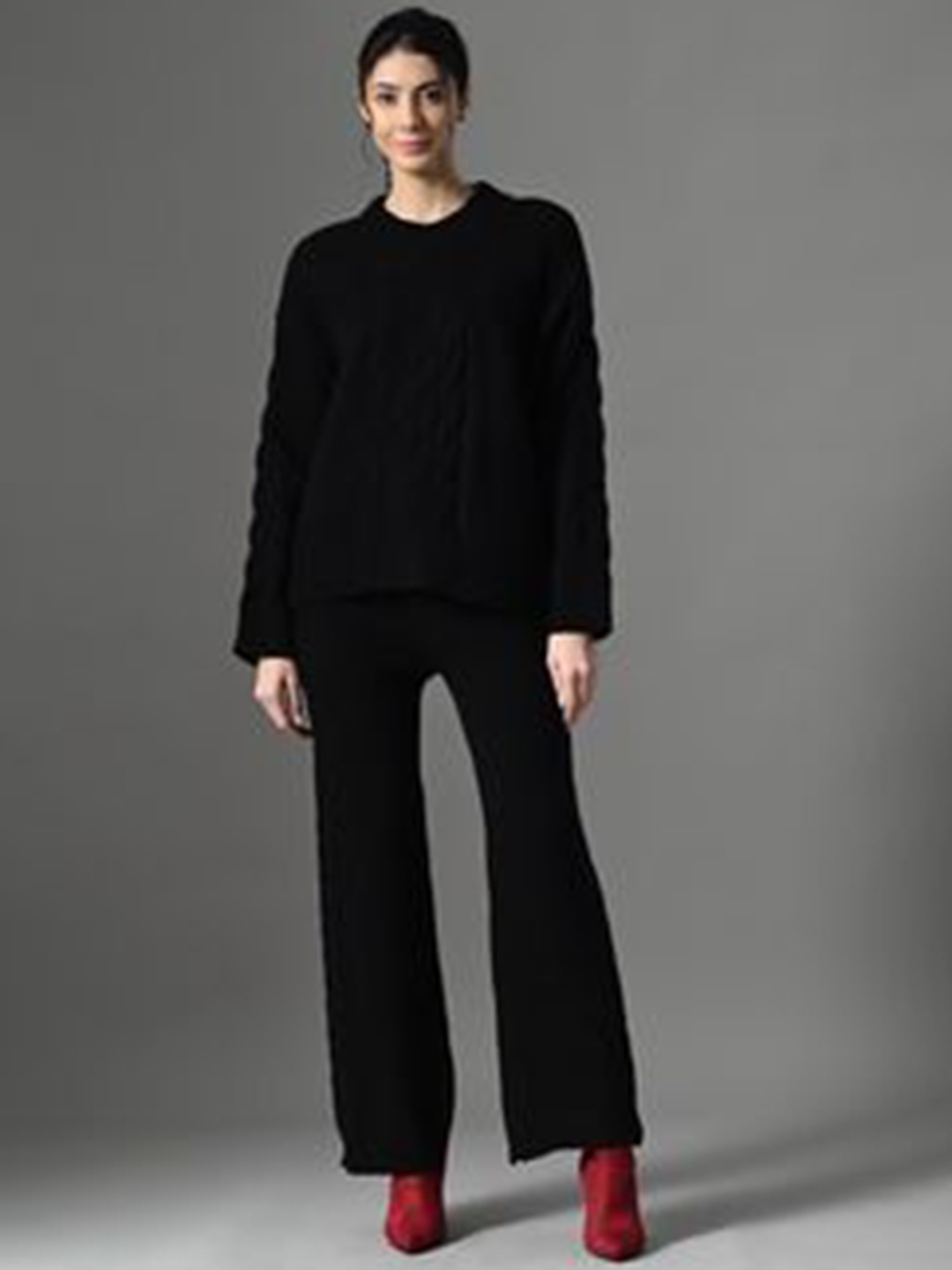 

PANKH Self Design Pure Wool Sweater With Trousers, Black