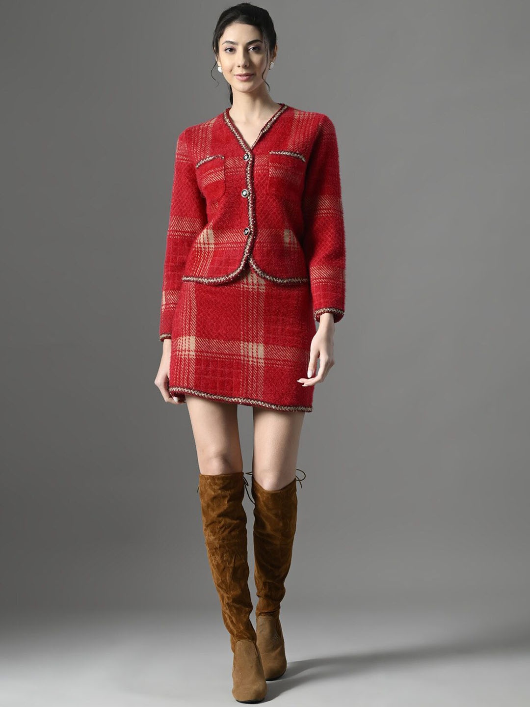 

PANKH Checked V-Neck Blazer With Skirt, Red