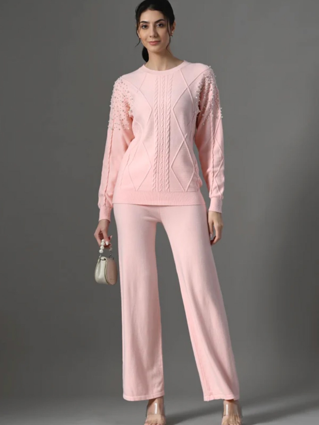 

PANKH Self Design Round Neck Pure Wool Sweater With Trousers, Pink