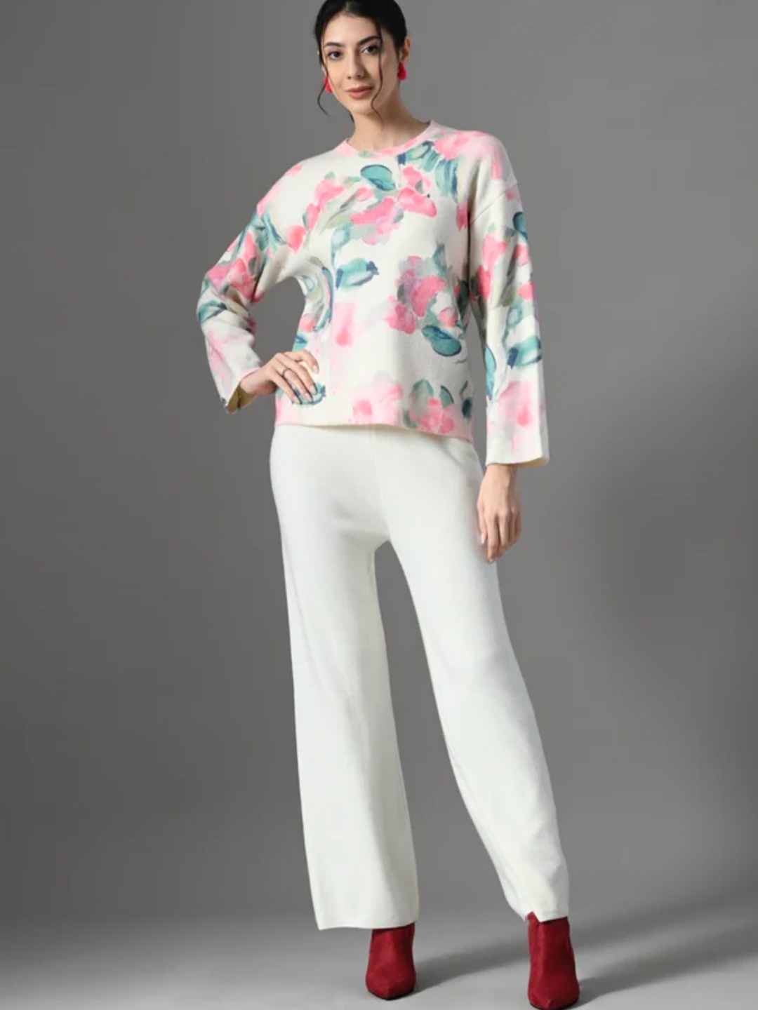 

PANKH Printed Round Neck Pure Wool Sweater With Trousers, Pink