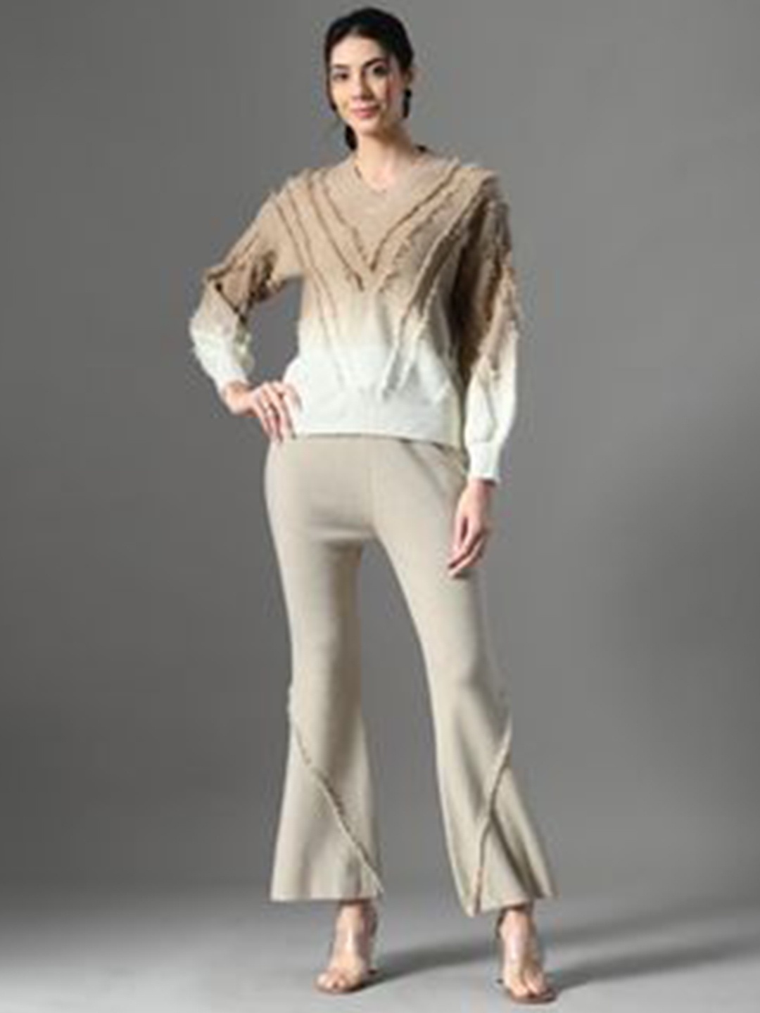 

PANKH Self Design V-Neck Pure Wool Sweater With Trouser, Beige