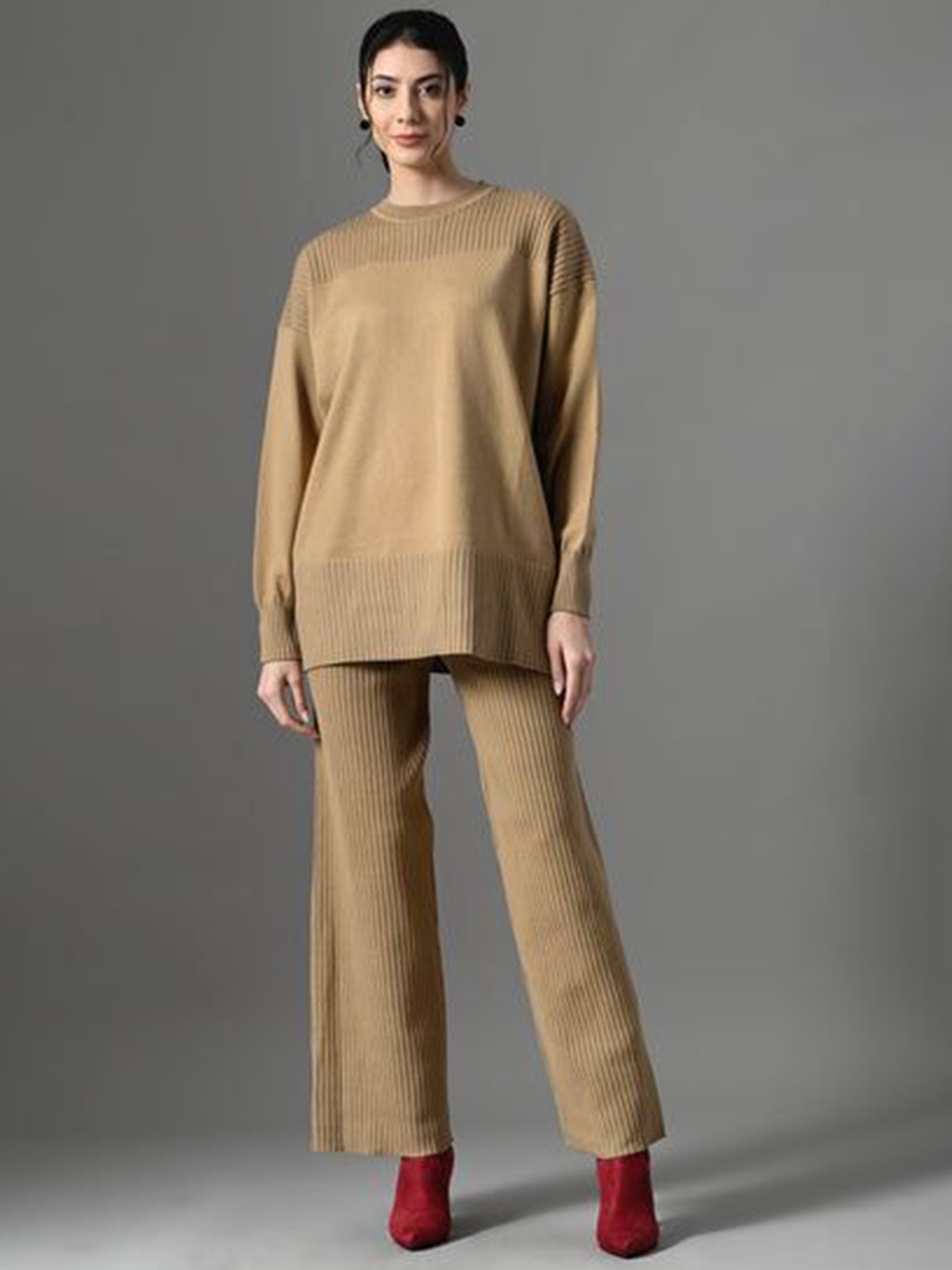 

PANKH Self Design Log Sleeves Pure Wool Sweater With Trousers, Brown