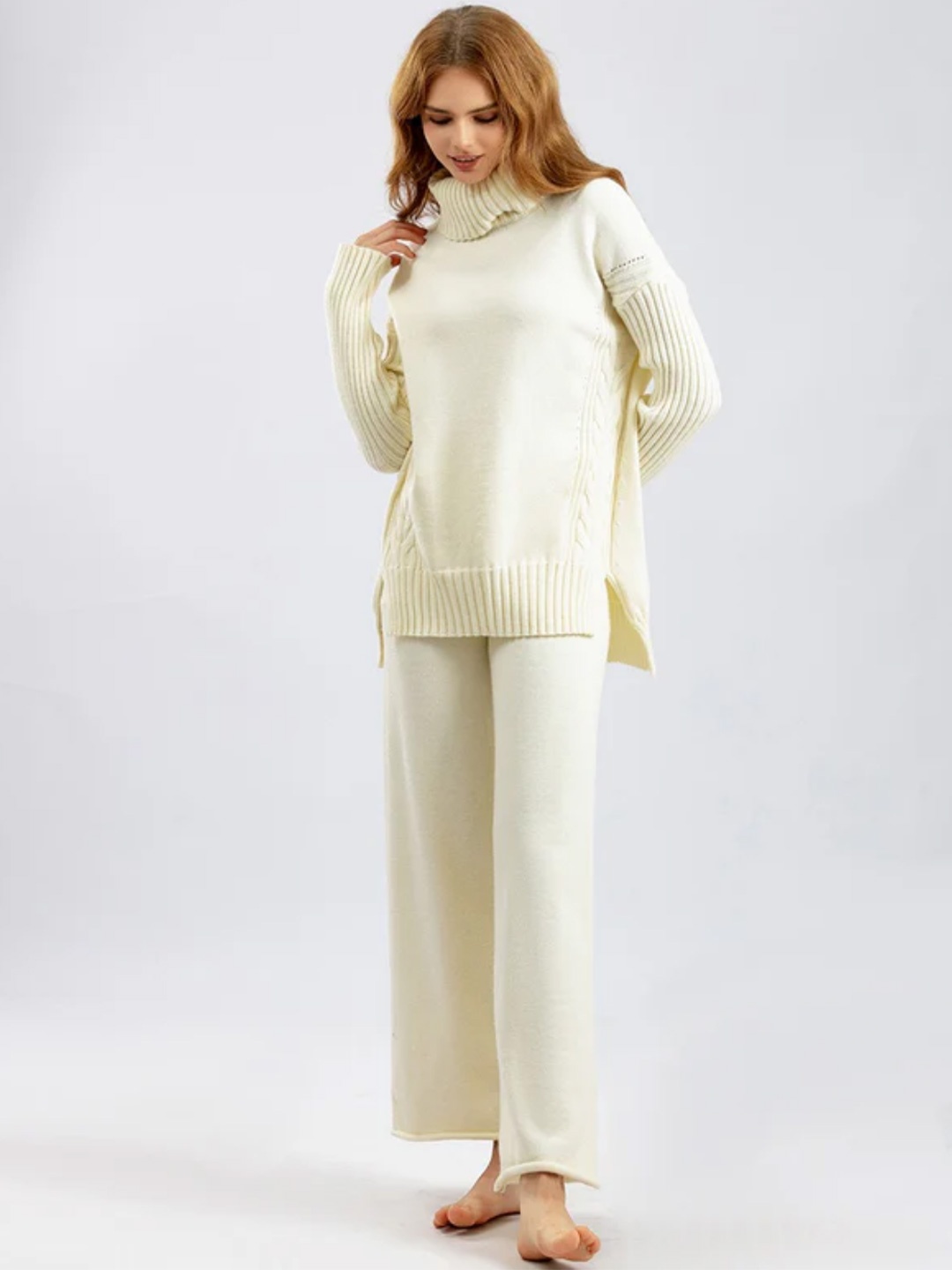 

PANKH Self Design High Neck Pure Wool Sweater With Trousers, White
