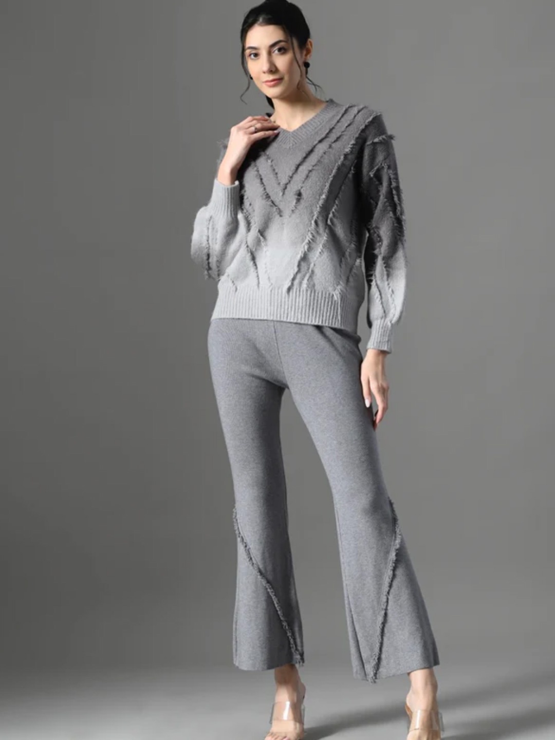 

PANKH Self Design V-Neck Pure Wool Sweater With Trousers, Grey