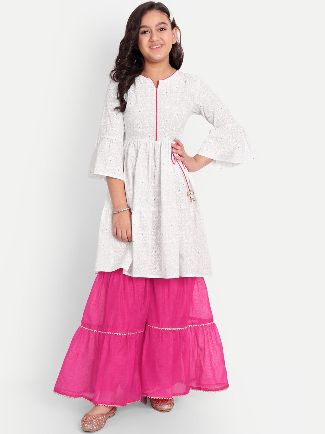 

Modish Couture Girls Floral Printed Tiered Pure Cotton Kurta With Sharara, White