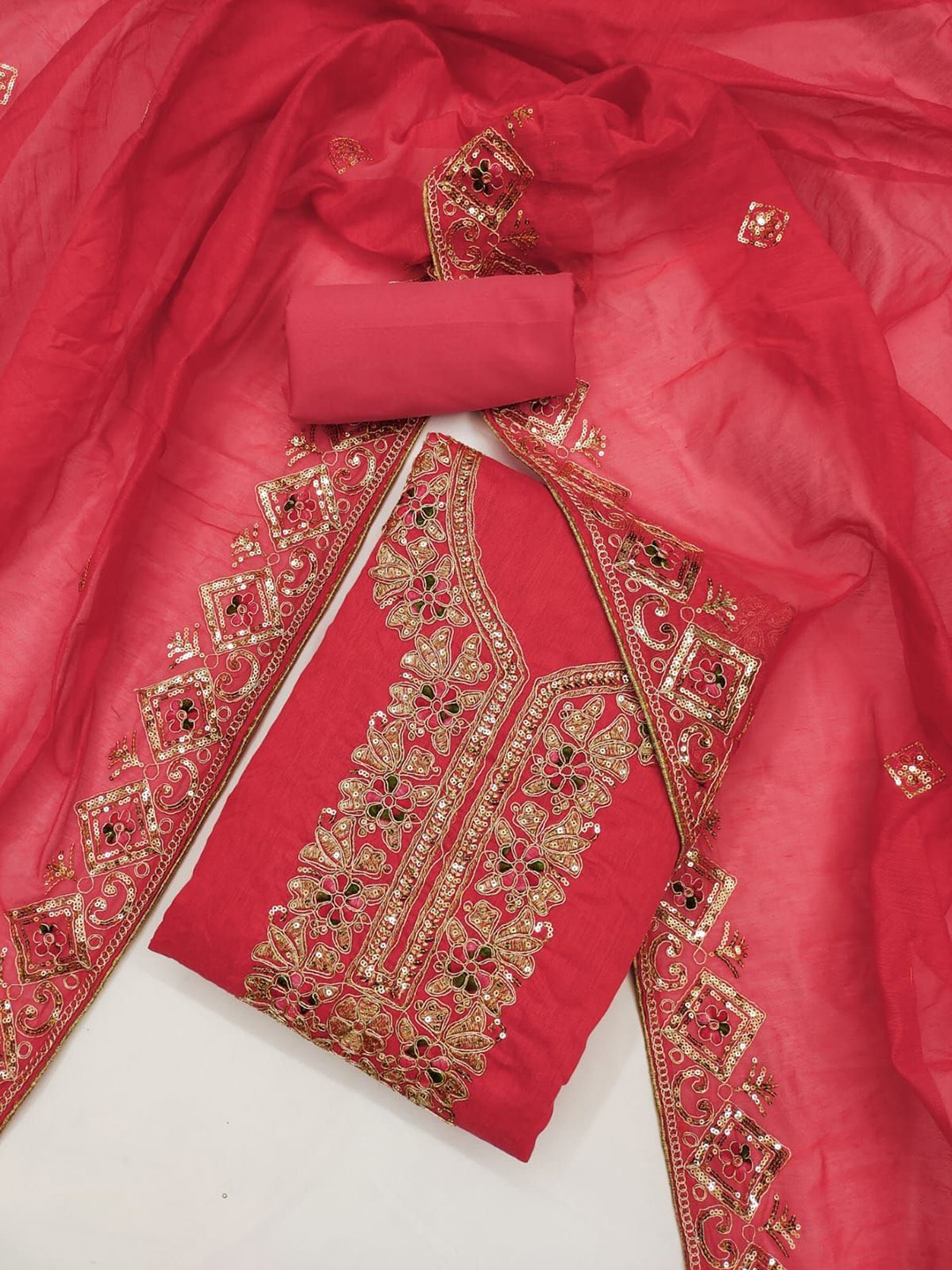 

COCFI Floral Embroidered Sequinned Chanderi Silk Unstitched Dress Material, Red