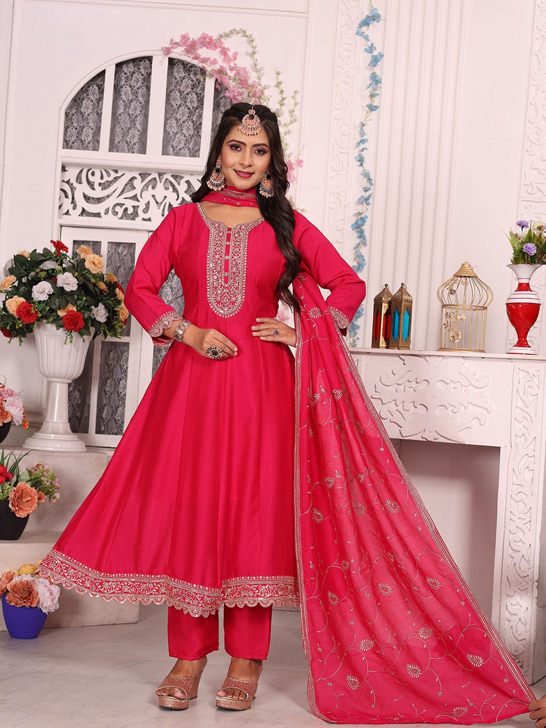 

Maheesha Floral Embroidered Zari Anarkali Kurta With Trousers & Dupatta, Pink
