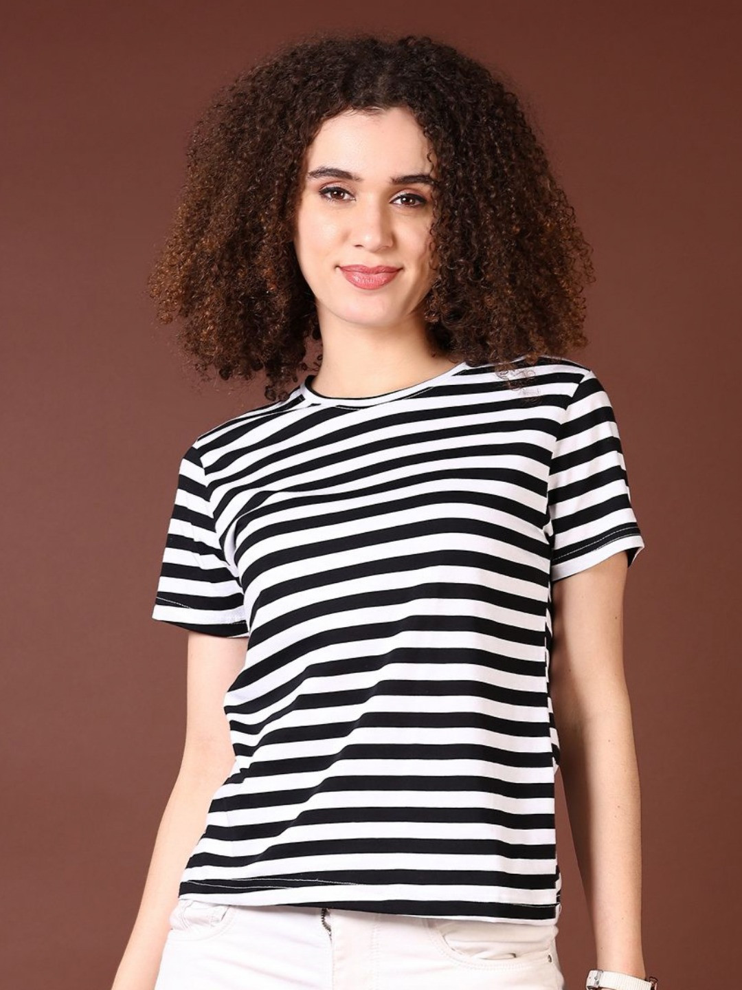 

V-Mart Women Striped Round Neck Cotton T-shirt, White