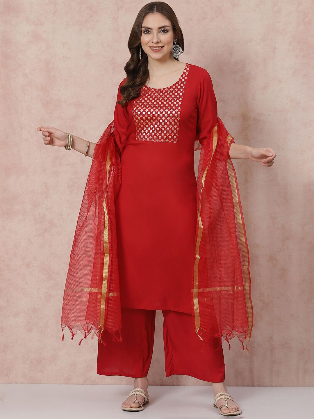 

Rangriti Floral Yoke Design Round Neck Straight Kurta With Palazzos & Dupatta, Red