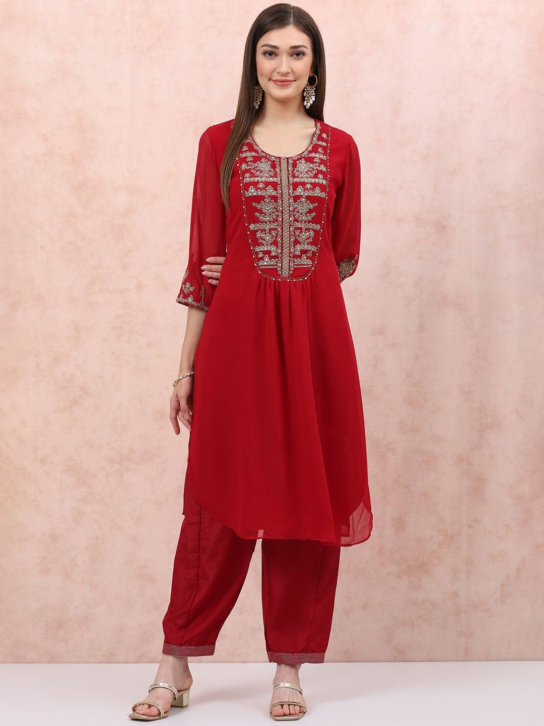 

Rangriti Floral Embroidered Round Neck Pleated Sequinned Kurta With Trouser, Red