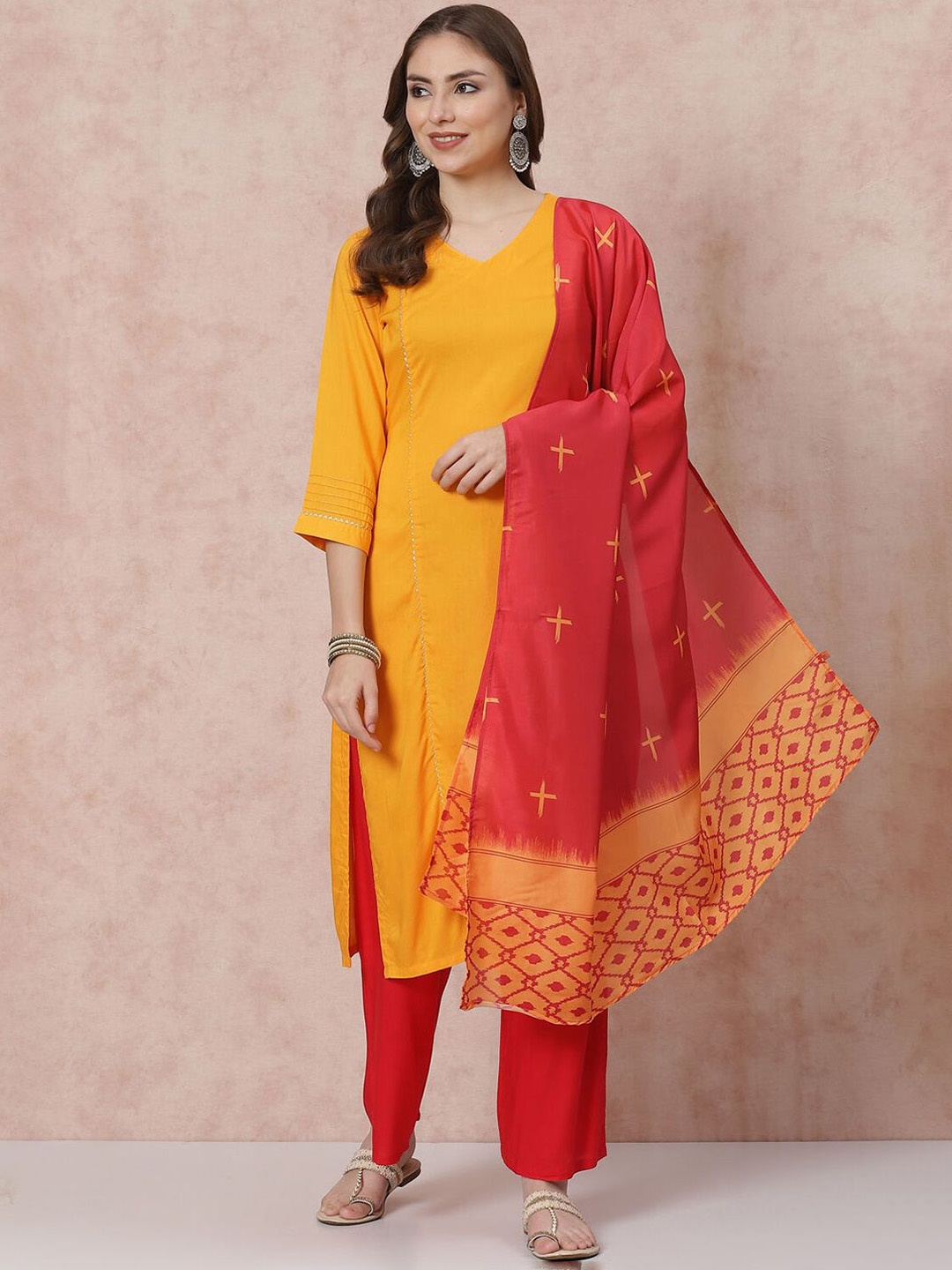 

Rangriti V-Neck Panelled Gotta Patti Straight Kurta With Palazzos & Dupatta, Yellow